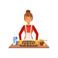 Young woman baking cookies, housewife girl cooking food in the kitchen flat vector Illustration