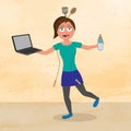 young woman balancing with baby bottle and computer in hands, work life balance concept, funny cartoon flat character Royalty Free Stock Photo