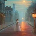 Young woman in ball gown on a street at misty sunset AI