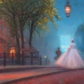 Young woman in ball gown on a street at a misty sunset