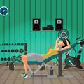 Young woman with barbell flexing muscles in gym. Flat cartoon vector illustration Royalty Free Stock Photo