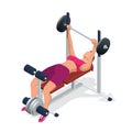 Young woman with barbell flexing muscles in gym. Gym adjustable weight bench with barbell isolated on white background