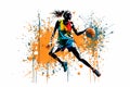 Young woman basketball player with ball. Abstract grunge background. Girl playing basketball