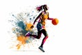 Young woman basketball player with ball. Abstract grunge background. Girl playing basketball