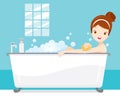 Young Woman Bathing In Bathtub, In Bathroom