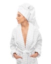 Young woman in a bathrobe and towel on her head Royalty Free Stock Photo
