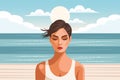 Young woman on the beach against the backdrop of a seascape. Mental health. Time relax. Illustration. Royalty Free Stock Photo