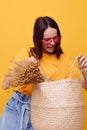 young woman Beach bag fashion in yellow t-shirt denim shorts Lifestyle unaltered Royalty Free Stock Photo