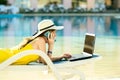 Young woman on beach chair at swimming pool working on computer laptop and talking on sell phone in summer resort. Remote work and Royalty Free Stock Photo