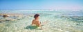 Young woman on beach cheerful joyful coconut palm trees. Beach Caribbean Sea, Cuba Royalty Free Stock Photo