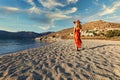 Young woman at the beach Vagia of Serifos island, Greece Royalty Free Stock Photo