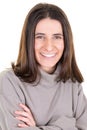 Young woman with beautiful face teeth and brunette hair laughing on white background smiling pretty girl in studio wall portrait Royalty Free Stock Photo