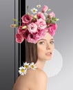 Young woman with beautiful flowers on head against grey background. Stylish creative collage design