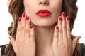Young woman with beautiful manicure on white background, closeup Royalty Free Stock Photo