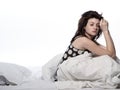 Young woman bed awakening tired insomnia hangover