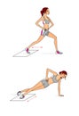 Young woman is being bathed at home using towels. Young woman trains at home using towels. Exercises for the press and