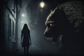young woman, being stalked by werewolf in dark alley Royalty Free Stock Photo