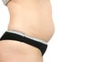 Young woman with belly, overweight. side view, on white background Royalty Free Stock Photo