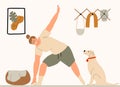 A young woman bends down. Girl doing workout at home. Health exercises for weight loss. Vector illustration in a flat style