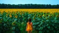 Young woman in the big field of sunflowers Royalty Free Stock Photo