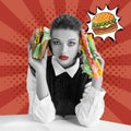 Young woman with big sandwich and burger isolated over red striped background. Contemporary art collage and modern Royalty Free Stock Photo