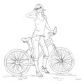 Young woman with bike line sketch. Pretty girl in jeans
