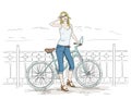 Young woman with bike sketch. Pretty girl in blue jeans