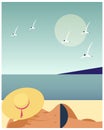 A young woman in a bikini and a summer hat is sunbathing on the beach and the sea with seagulls. Vacation and travel illustration Royalty Free Stock Photo