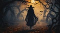Young woman in black gothic clothing walks in wood on Halloween night