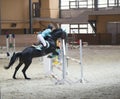 Young woman on the black stallion jumping over hurdle at show jumping competition