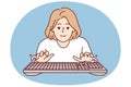 Young woman blogger typing keyboard looks at screen while typing e-mail message. Vector image