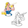 Young woman blowing foam from a beer mug - illustration for Oktoberfest poster or greeting card. Isolated.