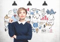 Woman pointing up and her business plan Royalty Free Stock Photo