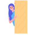 Young woman with blue hair peeking around corner with a friendly smile. Casual style and playful attitude in a flat Royalty Free Stock Photo