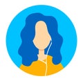 Young woman with blue hair wearing earphones. Modern female avatar, blue background, no face visible. Youth culture