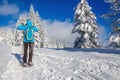 Young woman in blue jacked on winter trail