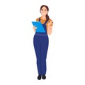 Young woman in blue overalls. Woman plumber holding pen and clipboard standing and writing solutions