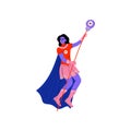 Young Woman with Blue Skin in Superhero Costume, Super Girl Character Flying with Staff Vector Illustration Royalty Free Stock Photo