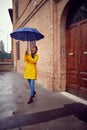 A young woman with a blue umbrella is in a city walk on a rainy day. Walk, rain, city Royalty Free Stock Photo