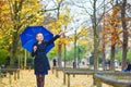 Young woman with blue umbrella in the Luxembourg garden of Paris on a fall or spring rainy day Royalty Free Stock Photo