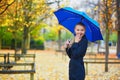 Young woman with blue umbrella in the Luxembourg garden of Paris on a fall or spring rainy day Royalty Free Stock Photo