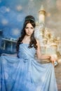 Young girl in blue vintage dress late 19th century Royalty Free Stock Photo