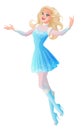 Young woman in blue winter fairy snow maiden costume flying and presenting