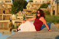 Young Woman Boardwalk NC Dock Summer Sunset