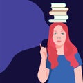 Young woman with books on her head and pointing up