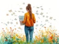 Young woman with books in the meadow. Education concept. Watercolor illustration Generative AI