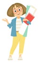 Young woman with books and papers. Cartoon smart person