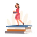 Young woman with books pile, college student or university teacher. Beautiful lady literature fan, girl standing on book stack