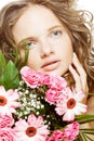 young woman with bouquet flowers