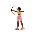 Young Woman with Bow and Arrow, African American Athlete Character Practicing in Archery, Active Healthy Lifestyle